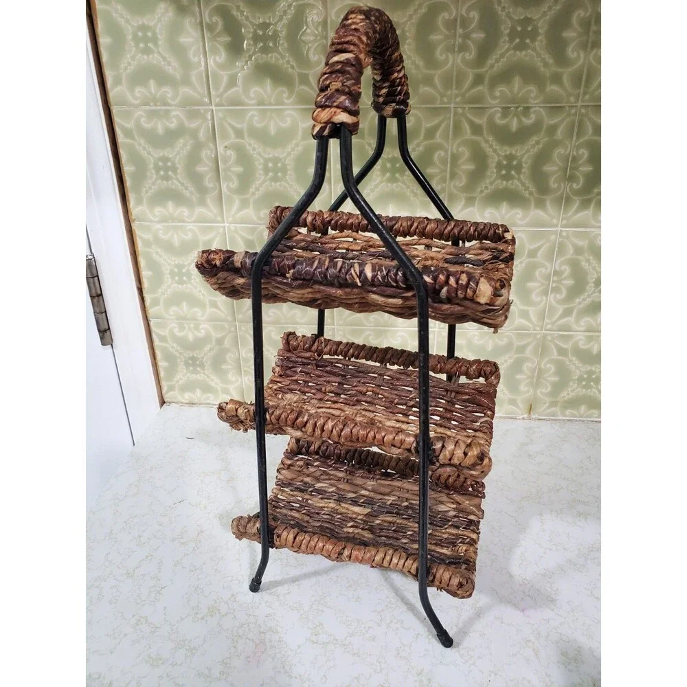 Black Wrought Iron and Woven Brown Rattan 3 Tiered Wine Rack - Holds 3 Bottles